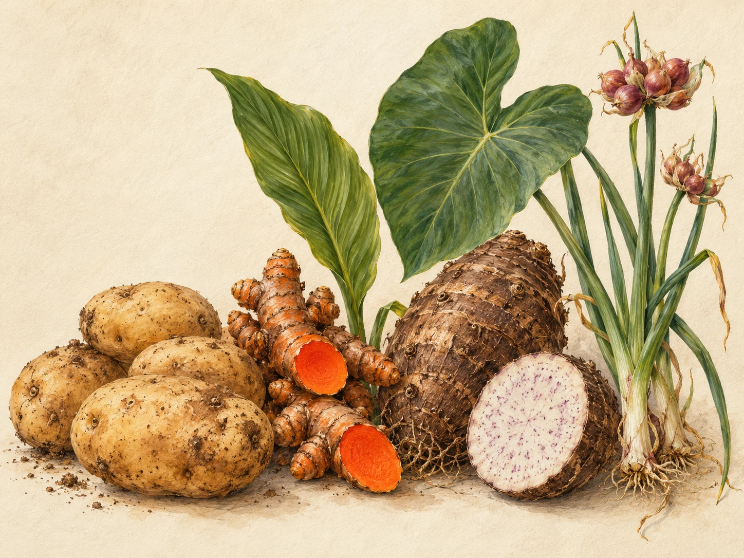 Botanical illustration of potatoes, turmeric, taro leaves, and walking onions in warm golden light.